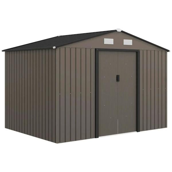 Brown metal garden shed with double doors and gable roof, front exterior view