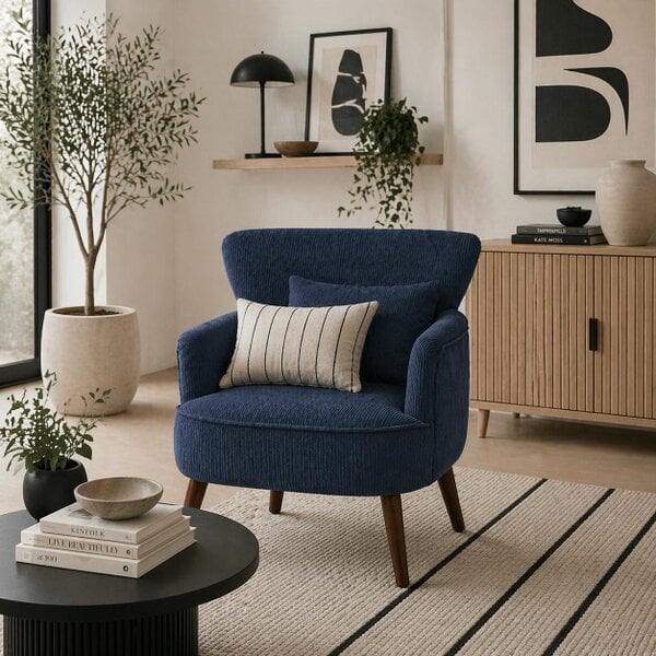 Wyld Haus Kesu Blue Corduroy Retro Style Accent Chair Dark Wooden Angled Legs