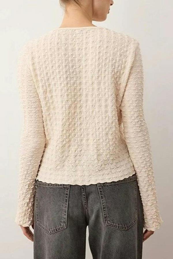 WOVCOR Textured Long Sleeve Stretchy Knit Blouse with Button Detail