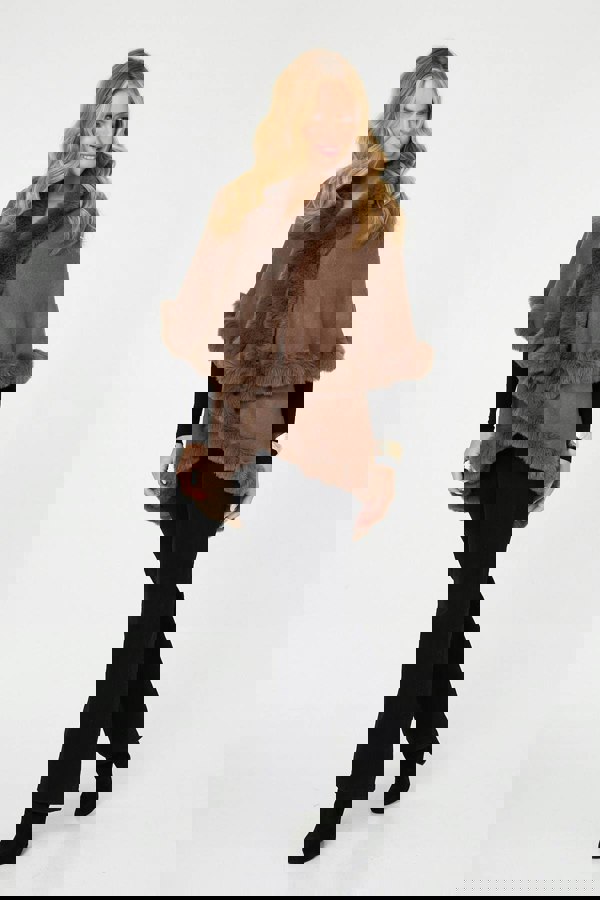 Beige | Faux Fur Trim Layered Poncho
