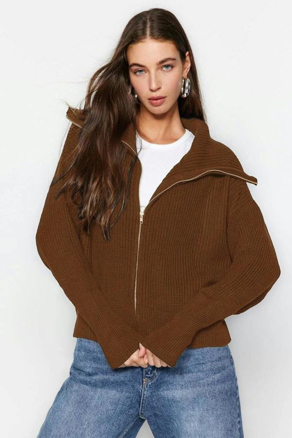 Hoxton Gal Oversized Draped Collar Zip-Up Knit Cardigan