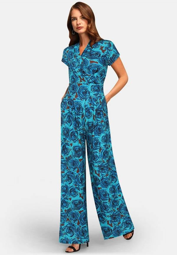 HotSquash V Neck Wide Leg Jumpsuit with Cap Sleeves