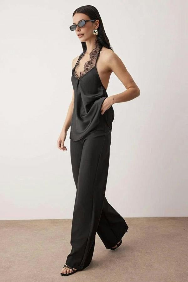 WOVCOR V-Neck Satin Party Blouse with Lace Detail
