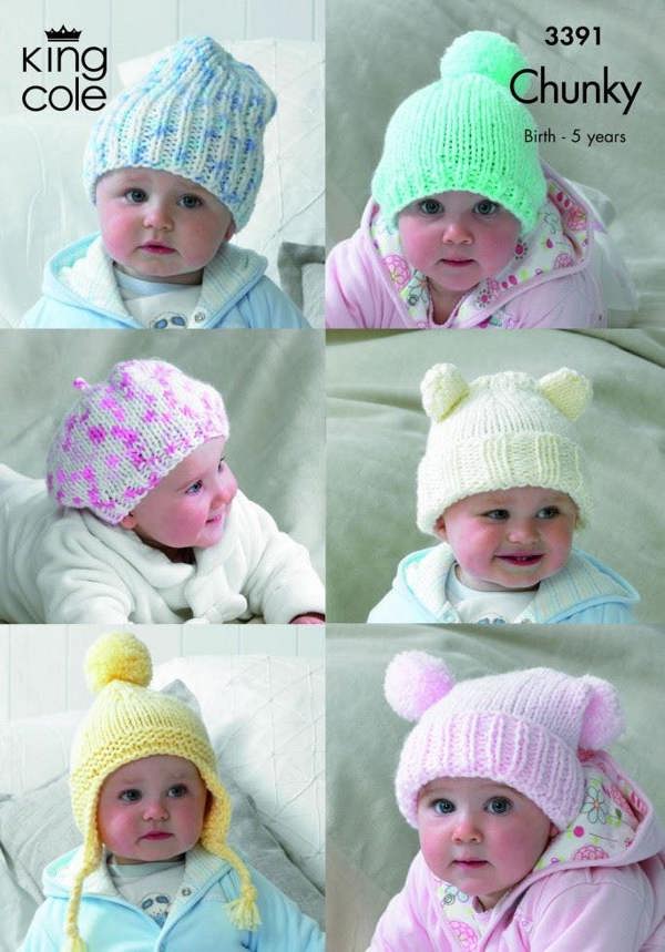 King Cole Comfort Knitting Pattern 3391, Headwear for Baby, New Born - 5 Years - Easy