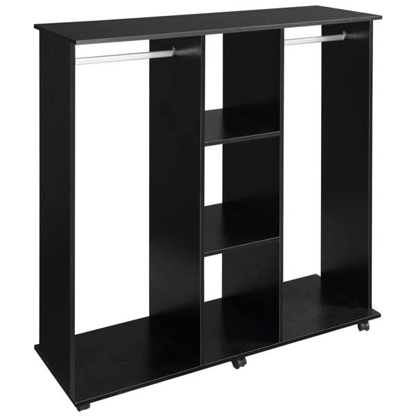 Black open wardrobe storage organizer with hanging rails, shelves, and 6 rolling wheels