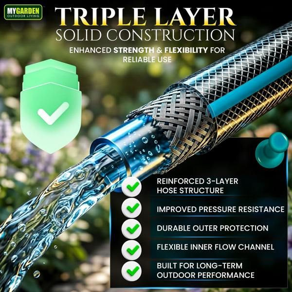 My Garden Outdoor Living Hose Pipe Anti Kink Hosepipe Inc 4 Connectors - 11.3mm Dia - Durable Triple Layer Water Hose with Spray Nozzle