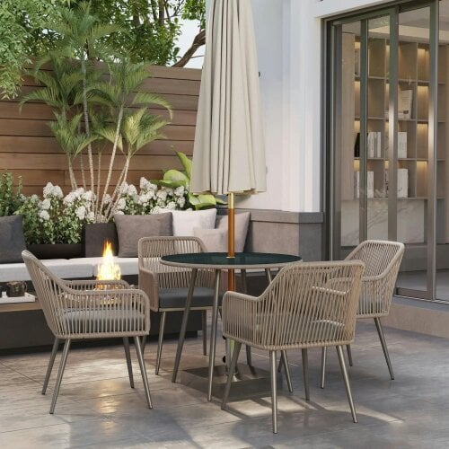 Bobobiy 4 Seater Rattan Dining Set, Rattan Garden Set with Parasol Hole, Outdoor Dining Table and Chairs Set with Cushions, Light Brown