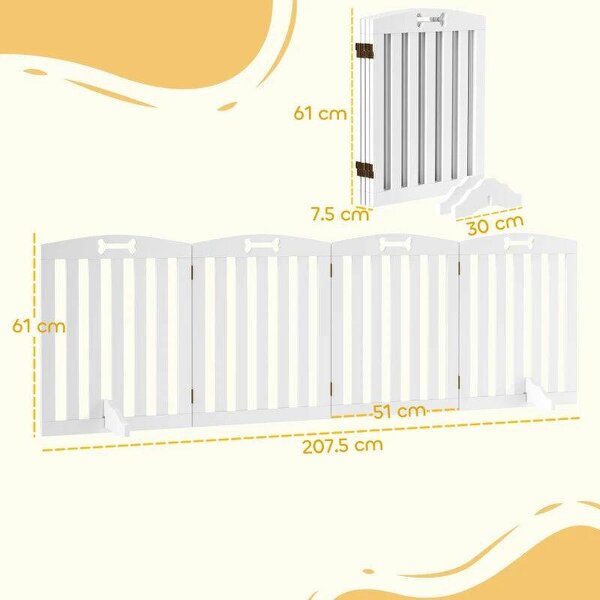 Wooden Dog Gate, Freestanding Pet Gate with Support Feet for Doorways, Hallways, Stairs, 207.5L x 61H cm, White