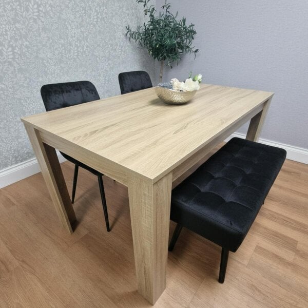 Kosy Koala Modern Oak Effect Table with 2 Black Velvet Chairs and a Black Velvet Benche Dining Room Set