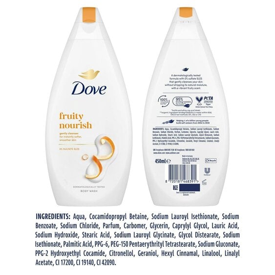 Dove Fruity Nourish Body Wash 12 Pack, 0% Sulfate SLES Shower Gel, 450ml