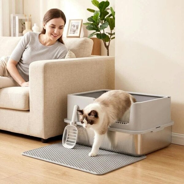 XL Stainless Steel Cat Litter Tray with Lid, High Sided Cat Litter Box with Scoop and Mat, Light Grey - Light Grey