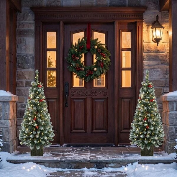 Bobobiy 4ft Pre-Lit Slim Artificial Christmas Tree Set of 2, with 100 Dual-Colour LED Lights, 140 Frosted Branch Tips
