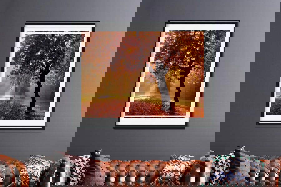 Unique art print of autumn trees with golden leaves