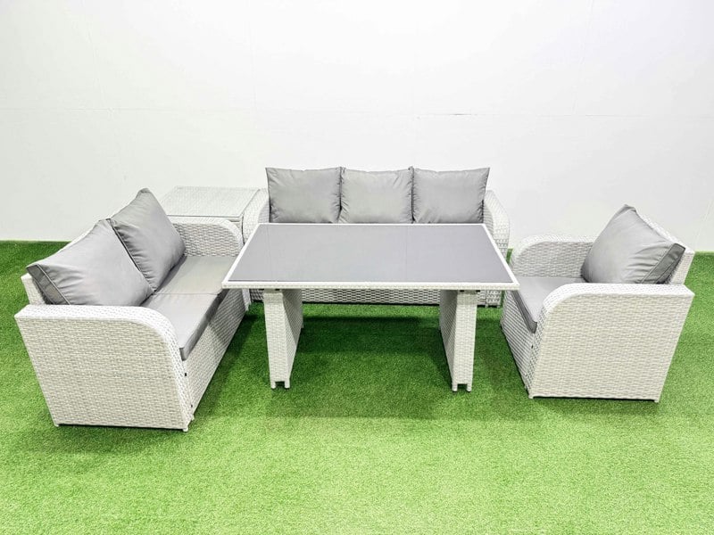 Fimous Rattan Outdoor Table Reclining Chair Sofa Set with Side Table Light Grey 6 Seater