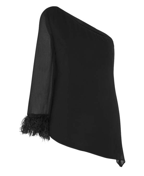 Needs No Label Black Feather Asymmetric Top