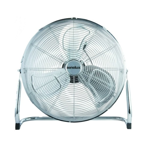 A classic chrome floor fan with a polished, clean body and three shiny blades with the Senelux logo in the middle.