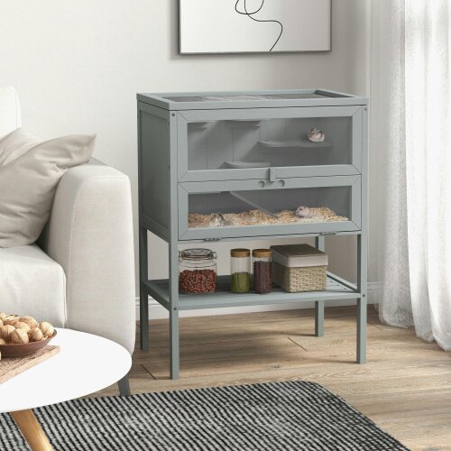 PawHut Wooden Hamster Cage w/ Storage Shelf, Openable Top for Gerbils, Grey