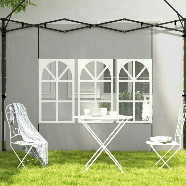 White gazebo side wall panels with arched window cutouts for privacy protection