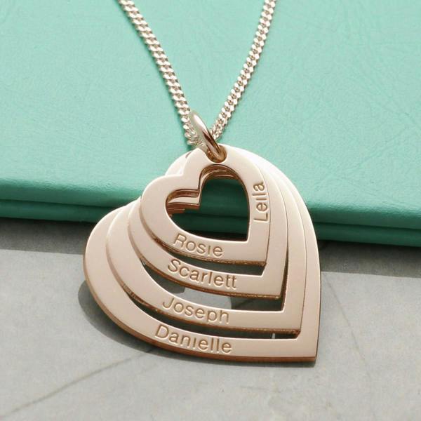 Christopher James of London 9ct Rose Gold Plated Four Heart Personalised Family Necklace