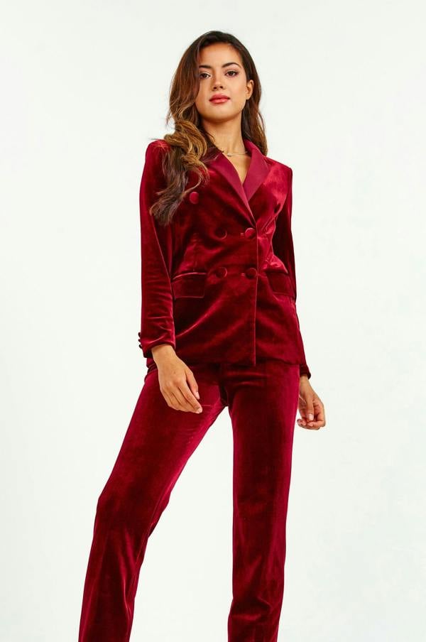 LuvForever Evara – Burgundy Velvet Blazer & Trouser Suit