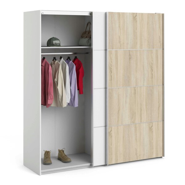 Wyld Haus Bordeaux Wide White and Natural Oak Double Sliding Door Wardrobe 5 Shelves 180cm