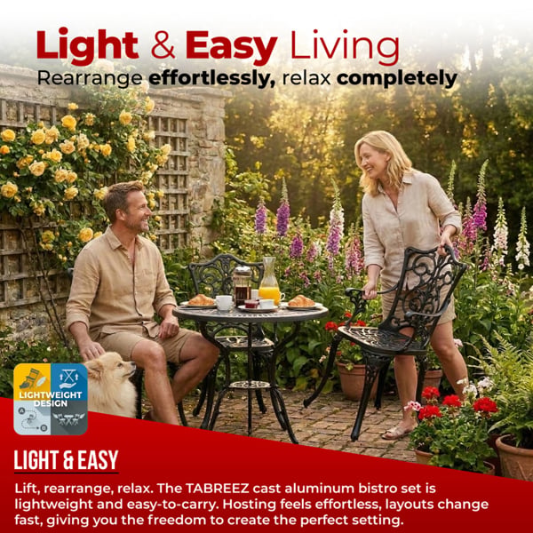 Centurion Supports TABREEZ Garden and Patio Table and 2 Large Chairs with Armrests Cast Aluminium Bistro Set - Black