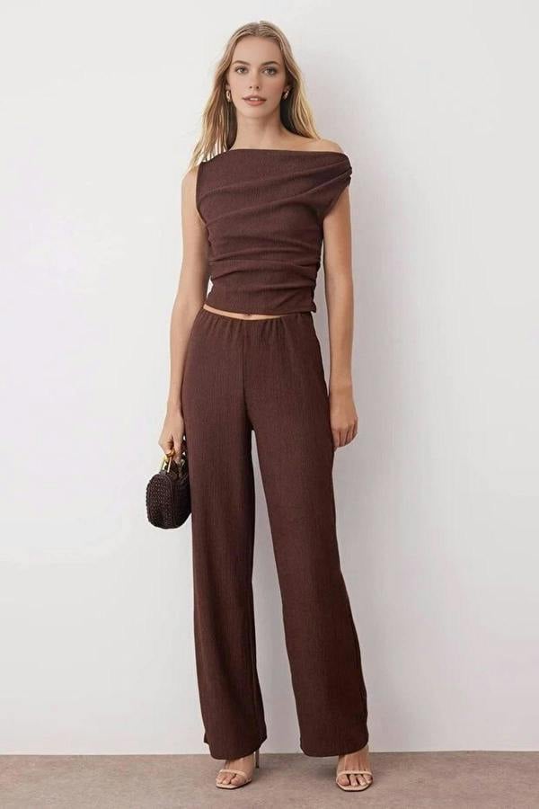 WOVCOR 2-Piece Asymmetrical Collar Top & Palazzo Bottom Knit Set