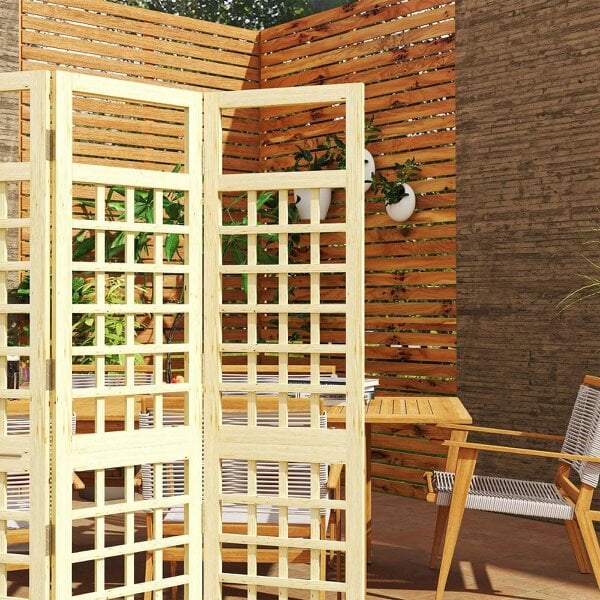 Bobobiy 3-Panel Garden Privacy Screen, Freestanding Foldable Wooden Outdoor Divider/Trellis, 120 x 170 cm, Natural Wood Finish