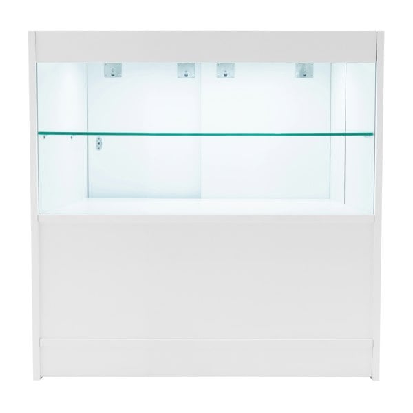 Andromeda LED shop counter set in white, featuring a sleek design with glass shelves and integrated lighting for display purposes