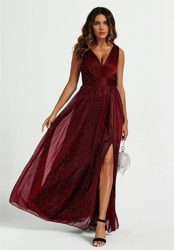 FS Collection Sparkly V Neck Bridesmaid Maxi Dress In Burgundy