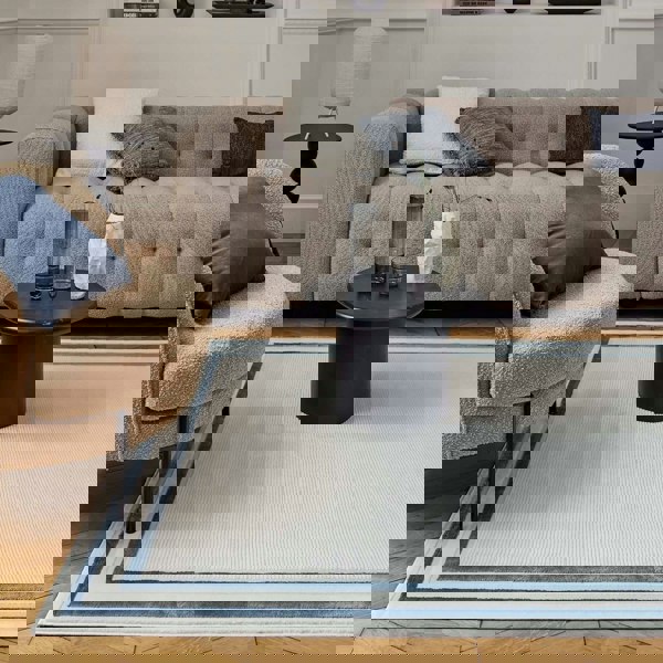 Bordered Living Room rug, blue-cream colours, stain-resistant and non-shedding