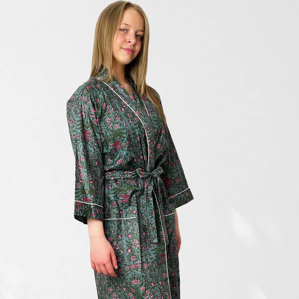 Hayley & Co Grey and Pink Flower Print 100% Cotton Dressing Gown
