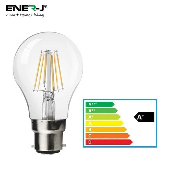 ENER-J Pack of 10 units, LED Classic B22 Bayonet Cap Light Bulbs, 6W Equivalent 60W, 660lm, Warm White 2700K, Filament Clear, Non Dimmable