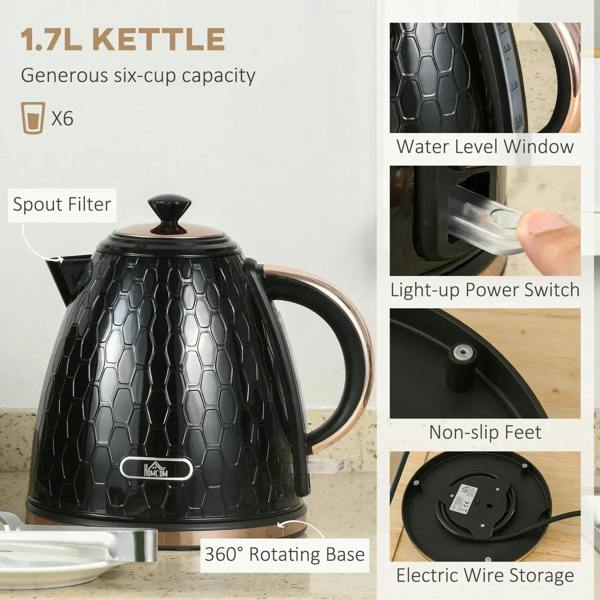 Black electric kettle with copper accents and toaster set shown with feature callouts