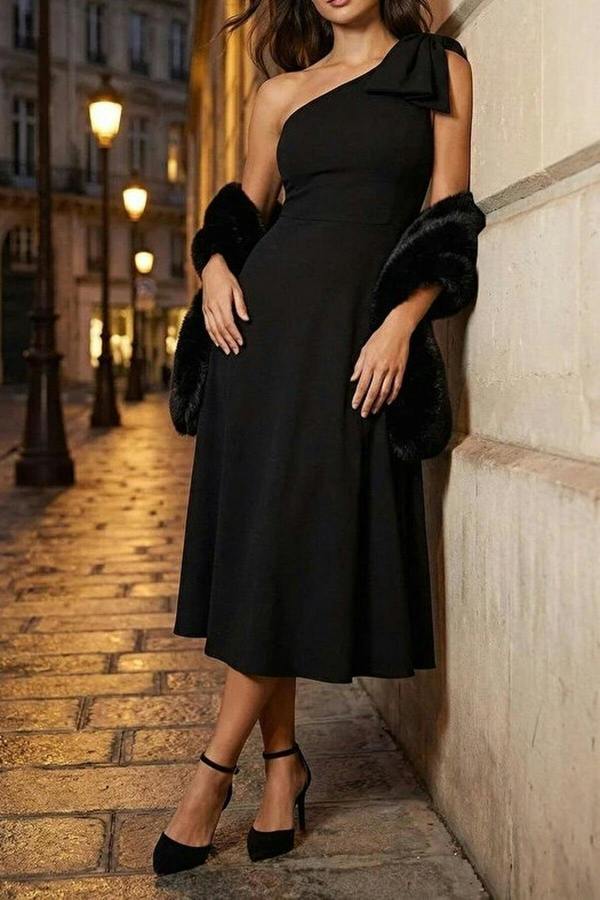 WOVCOR A-Line Elegant Woven Evening Gown with Bow Detail