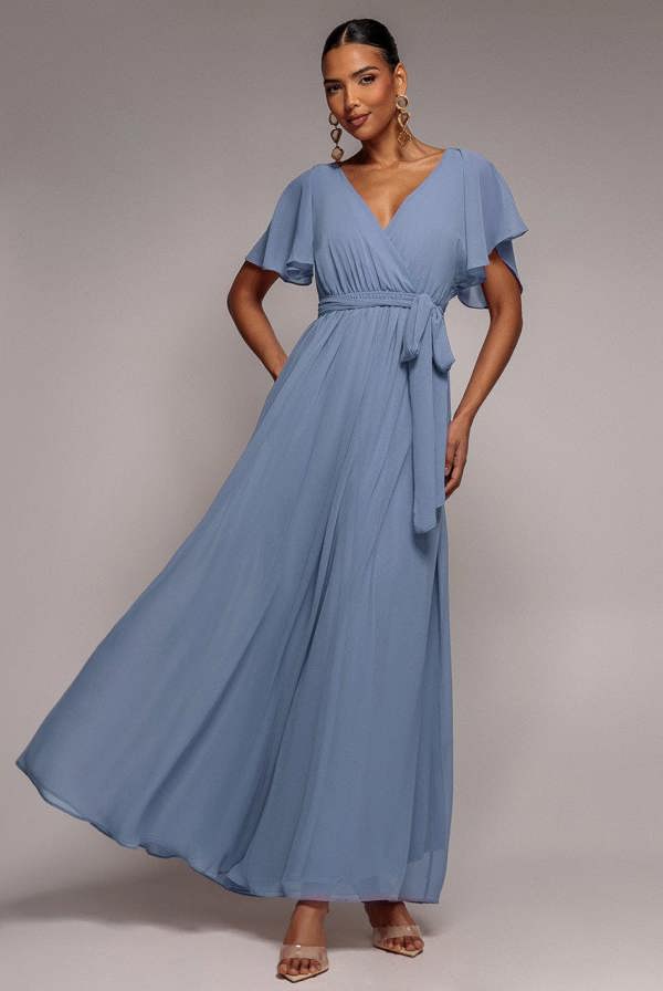 Chiffon Flutter Sleeve Wrap Maxi Dress - Airforce Blue DR2486