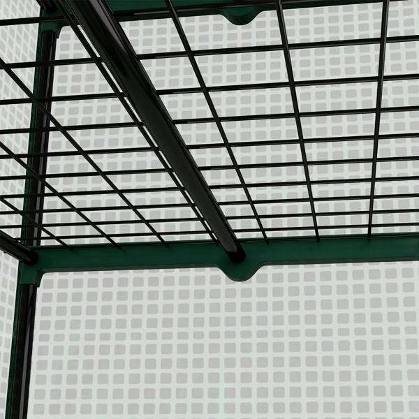 Green wire shelf frame with black grid panels under translucent plastic cover