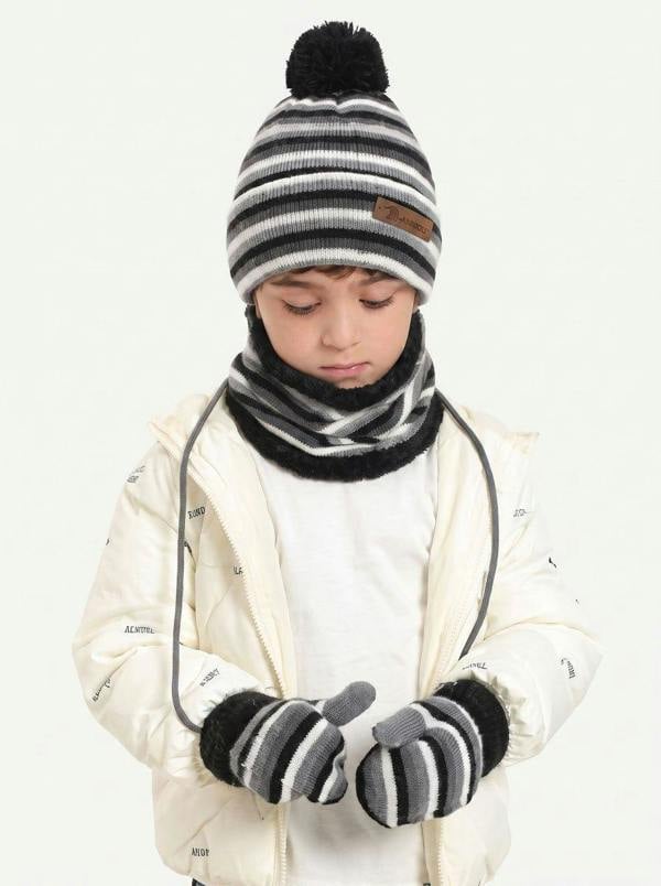 Anniou Kids Striped Knit Hat Scarf Mittens  Set - Black