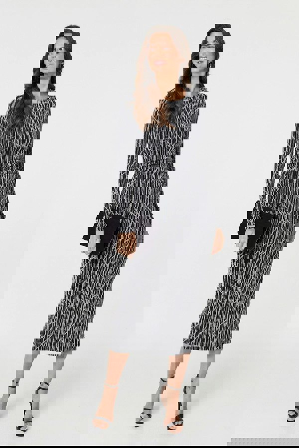 Silver | Abstract Print Long Sleeve Ruched Midi Dress : Model is 5'9"/175 cm and wears UK10/EU38/US6/AUS10