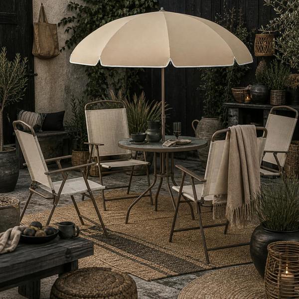 Wyld Haus Jattare 4 Seater Metal and Mesh Cream Garden Dining Set With Parasol Folding Chairs And Glass Table