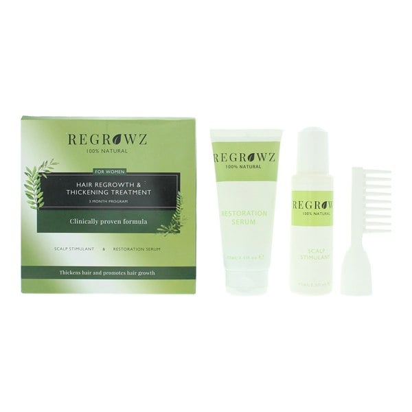 Regrowz Hair Growth & Thickening Treatment Three Month Program For Women - Scalp Stimulant 75ml - Restoration Serum 75ml - Comb