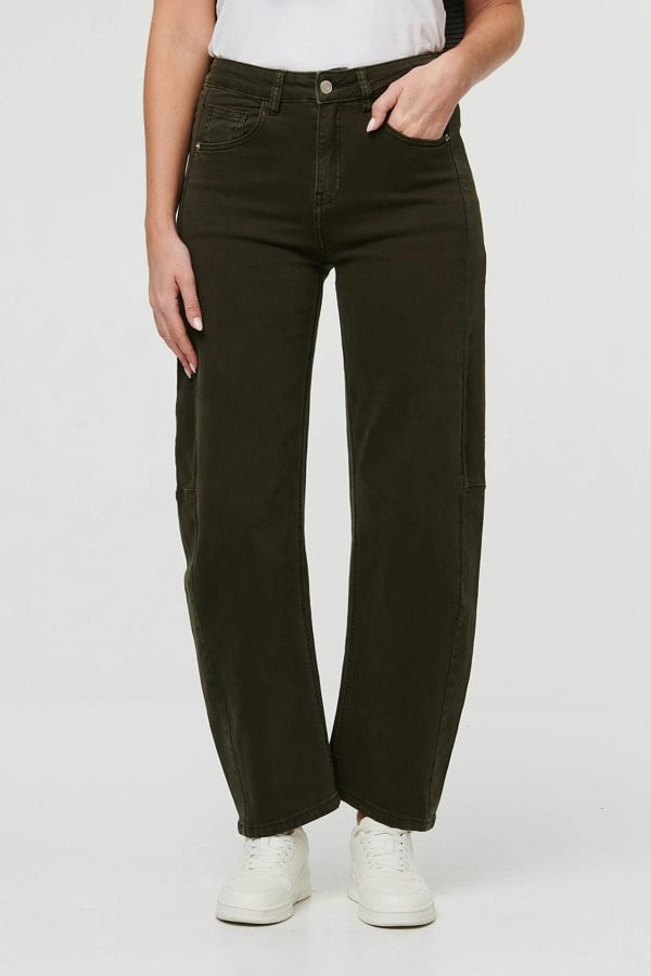 Khaki | High Waist Wide Barrel Fit Jeans
