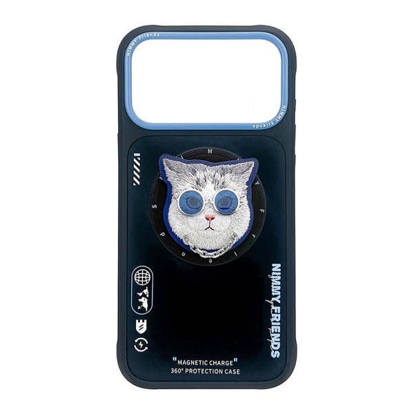Nimmy Friends Nimmy Glass Cool Cat Face Case with Detachable MagSafe Grip Stand for iPhone 17 Pro 6.3" Black Blue - N-YJKM-CXZJ-IP17-PRO-03