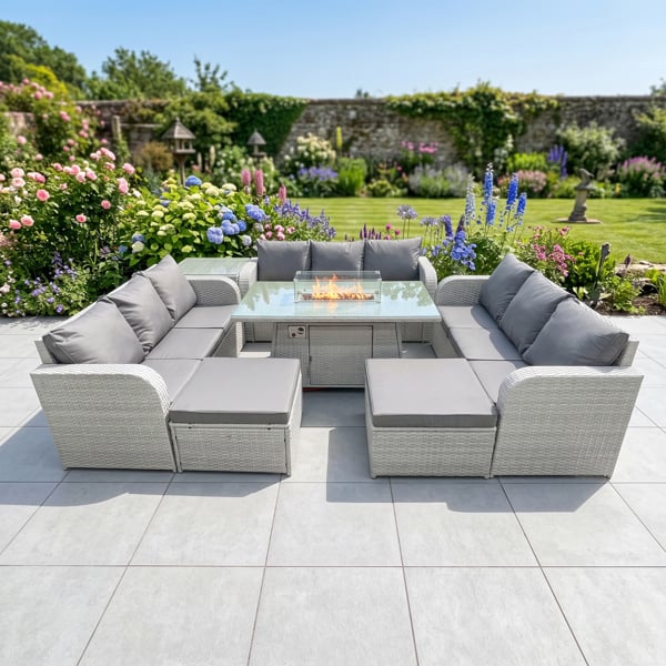Fimous 11 Seater Rattan Outdoor Garden Furniture Set with Fire Pit Dining Table, 3 Seater Sofa, 2 Footstools & 1 Side Table - Light Grey