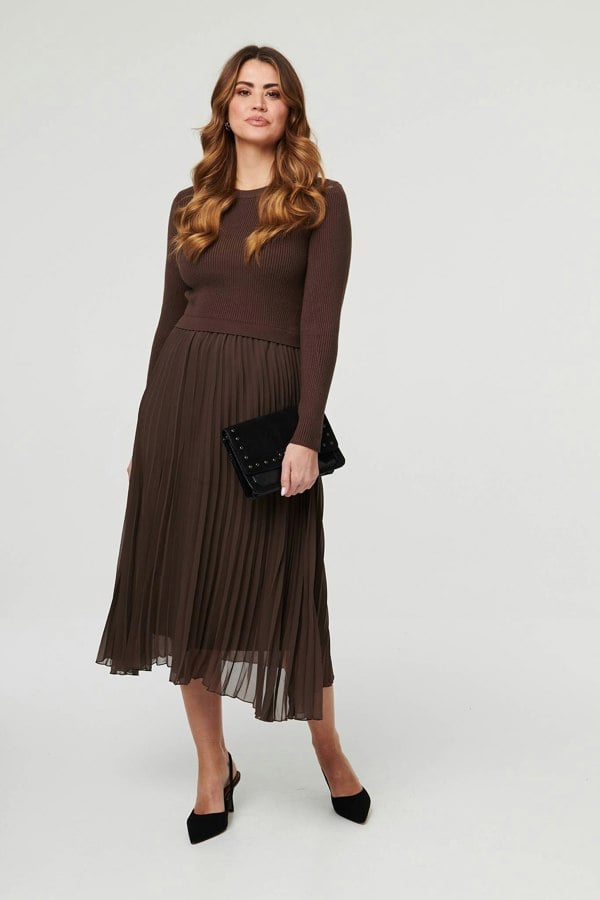 Brown | Knit Long Sleeve Ruched Maxi Dress
