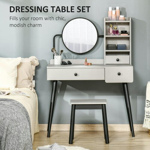 Wyld Haus Ravato Grey Dressing Table And Stool Set With 3 Drawers And Open Shelving