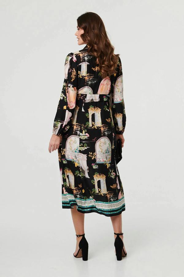 Black | Abstract Long Sleeve Shirt Midi Dress