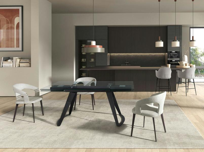 Angel Cerdá Rectangular extendable dining table in tempered glass and black steel 1150