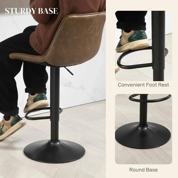 Brown bar stool with round steel base and curved footrest; diamond-quilted PU upholstery