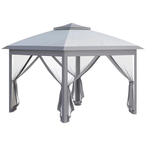 Grey pop-up gazebo with double roof and hanging mesh side curtains, front view